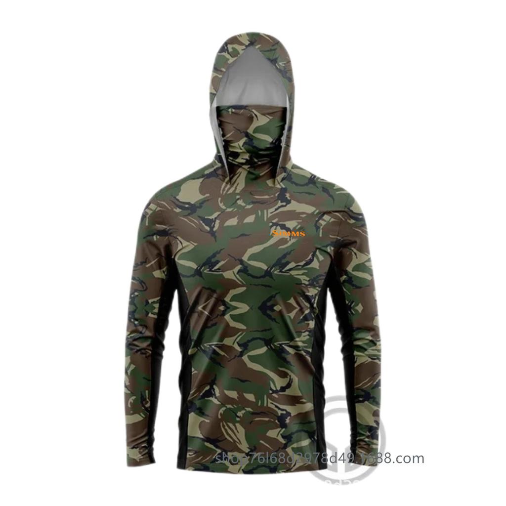 SIMMS Mimetico Tuta da Pesca Uomo Luya Tuta Parasole Estiva Felpa con Cappuccio a Manica Lunga Indossare Maschera Asciugatura Rapida Traspirante