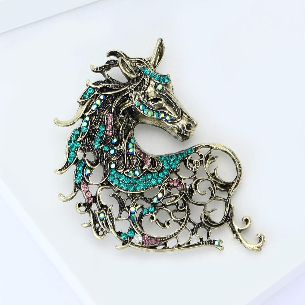 Hollow Out Rhinestone Horse Head Brooches Vintage Metal Badge Pin New Year Gifts