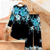 Floral Print Print Two Piece Outfit Women Long Sleeve Irregular Hem Tunic Top Wide Leg Pants Casual Matching Set