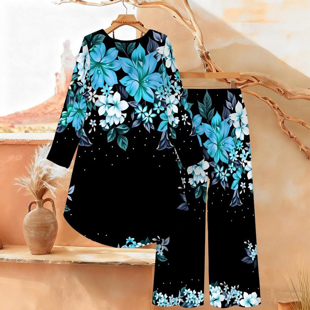 Floral Print Print Two Piece Outfit Women Long Sleeve Irregular Hem Tunic Top Wide Leg Pants Casual Matching Set