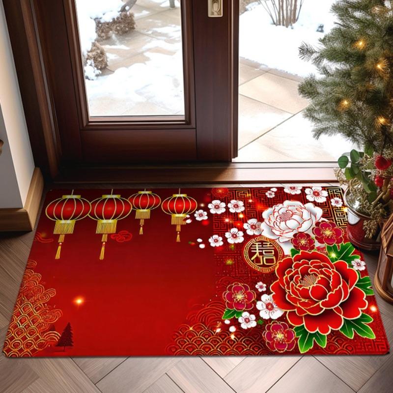 Chinese New Year Lantern Doormat, Festive Floral Design Polyester Rug, Non-Slip Machine Washable Welcome Door Carpet 40x60cm