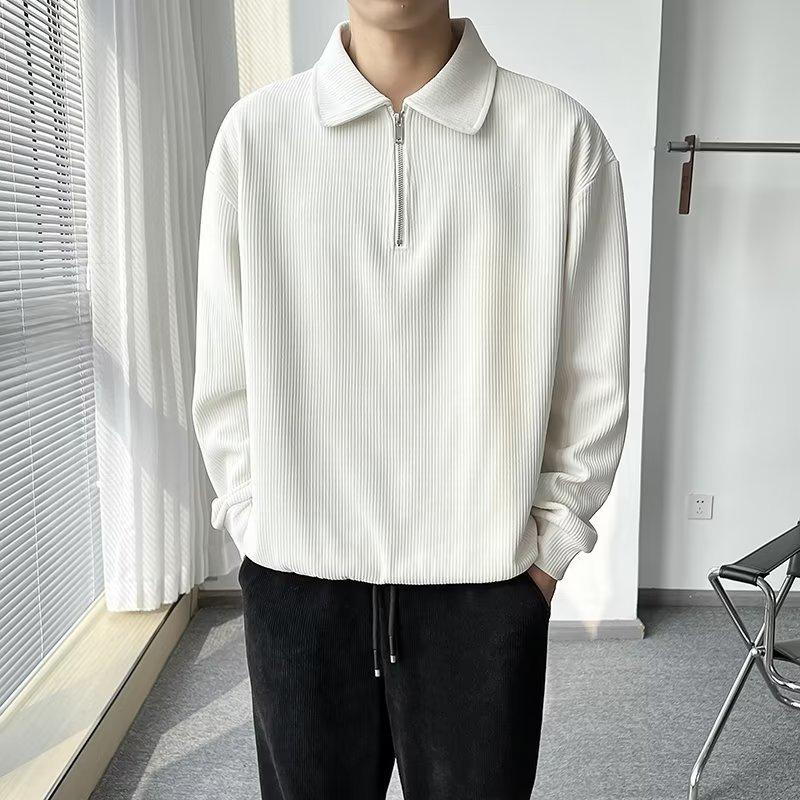 Men's Autumn Trendy Half-Zip Polo Hoodie - Cool Streetwear Lapel, Striped & Lightweight Jacket