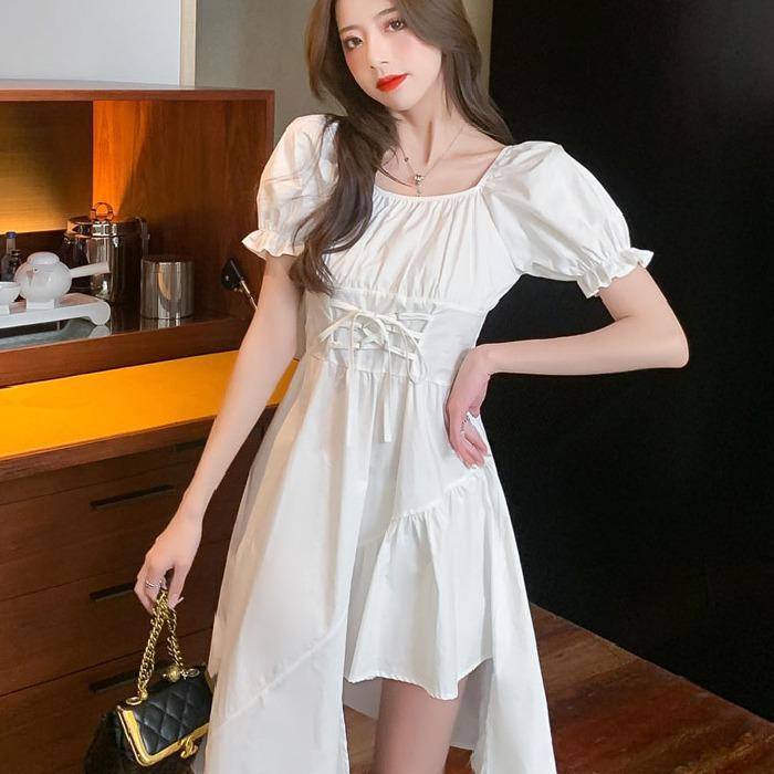New women's clothing French medium and long straps waist thin short sleeves irregular dress niche fried street summer
