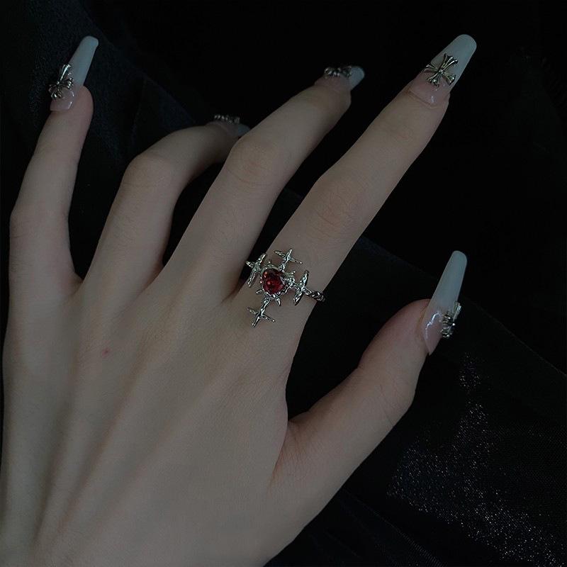 Design Sense Darkblood Cross Ring Niche Ruby Zircon Ring Personality French High-End Jewelry