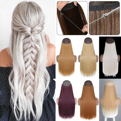 Long Straight Synthetic No Clip Hair Extensions Brown Blonde Natural Invisible Wire Hair Piece For Women