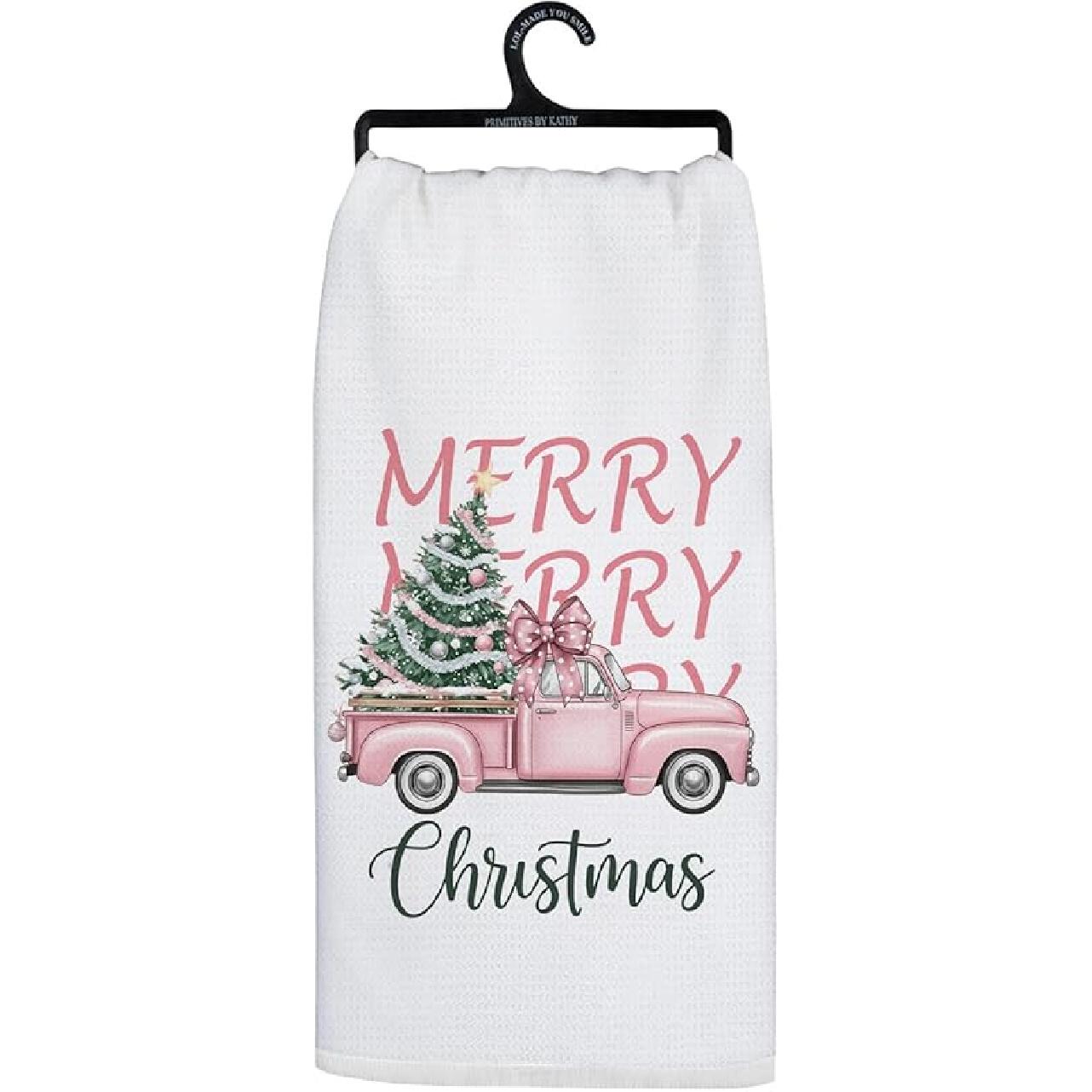 Pink Merry Christmas Truck Kitchen Towels, Coquette Bow Xmas Tree Pickup Decorative Hand Towels for Bathroom, Preppy Christmas Dish Tea Towel for Sd9