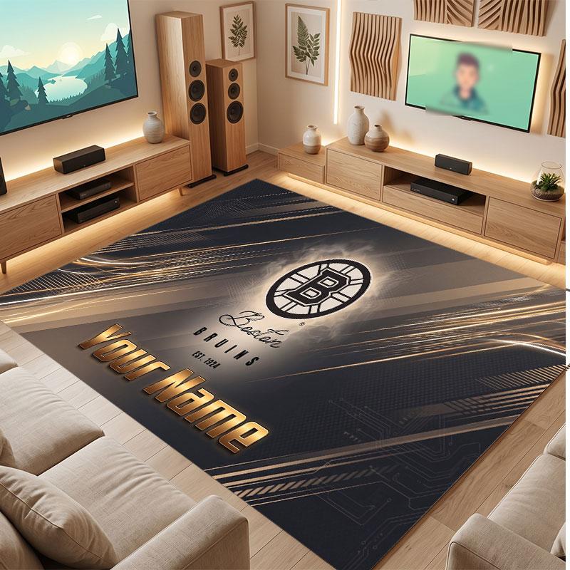 Tappeto in Cristallo Vellutato Personalizzato Boston Bruins, Tappeto Morbido Antiscivolo con Testo Nome Personalizzato per Soggiorno Camera da Letto