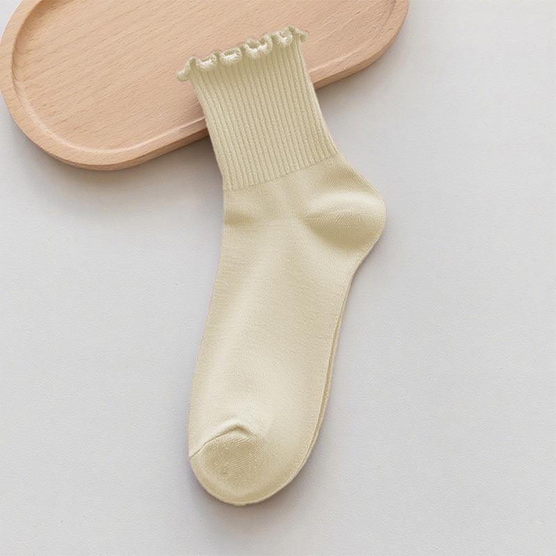 Lace Pure Cotton Women's Mid-Calf Socks - Spring & Autumn Lolita Style, Solid Color, Versatile Japanese JK Design