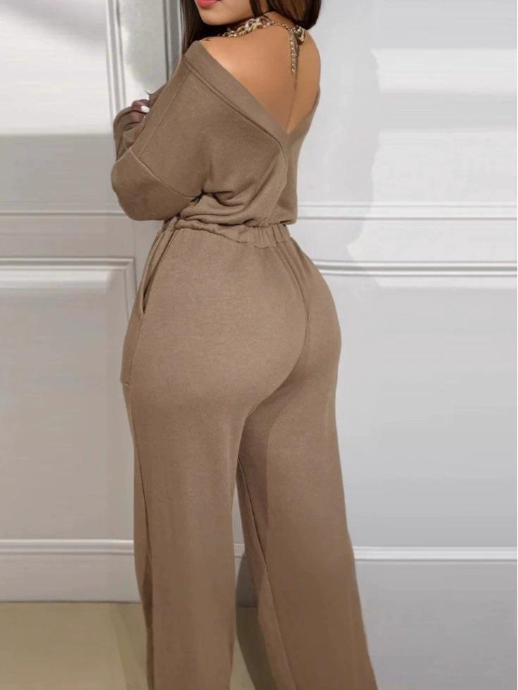 

European & American Women s Elegant Plus Size Wide-Leg Jumpsuit 2025: New Fashionable Style Extra Large верблюд