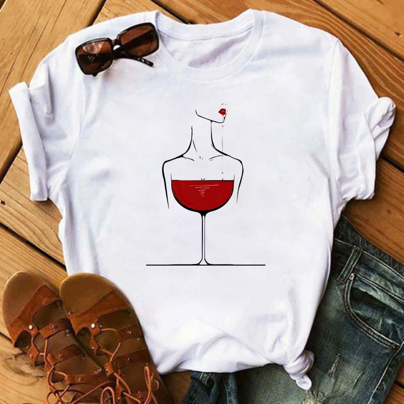New Women T-Shirt Casual Short Sleeve T Shirt Women's Fashion Rose Red Wine Glass Printed Black T-Shirt Female Tops Tees
