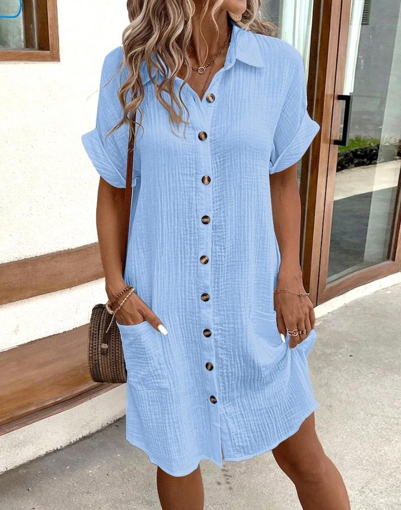 Summer Minimalist V-neck Button Up Dress for Women