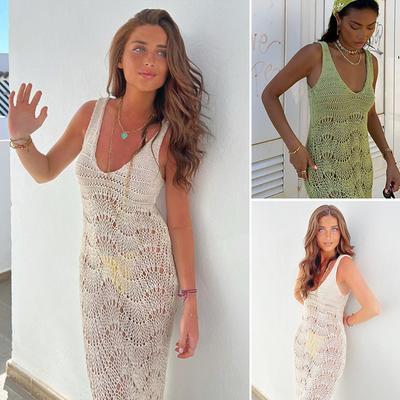 Fustă Nouă de Plajă pentru Femei Tricotată Gol Decolteu Adânc Culoare Solidă Subțire Sexy Rochie de Plajă pentru Femei