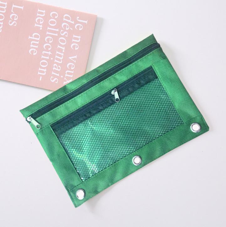 Double Zipper Three-Hole Pencil Case, Transparent PVC, Detachable B5 Binder, 15 Color Options. B5 Double Zipper темно-зеленого