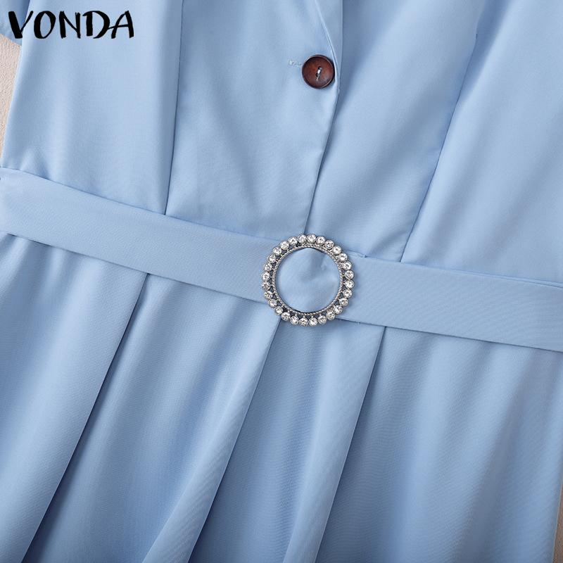 VONDA Women Elegant Short Sleeve Belt Casual Mini Pleated Dress