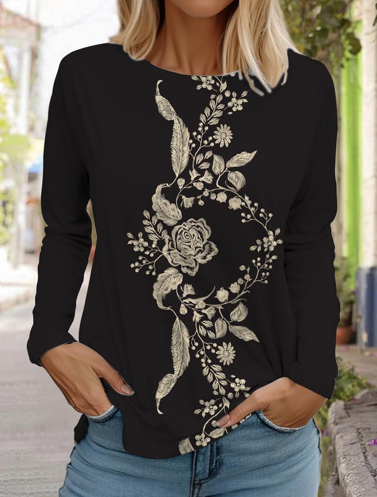 2024 Women's Hawaiian Style Retro Fashion Tops Long Sleeve Round Neck Pullover Casual Long Sleeve T-shirt Designer New