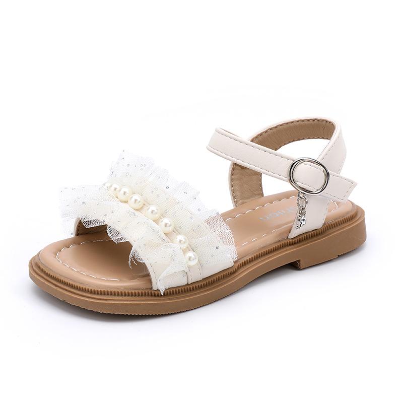 Little Girl Sandal Lace Pleated Children's Summer Sandals Elegant Pearl Causal Kids Princess Open-toe Dress Flat Sandals Soft