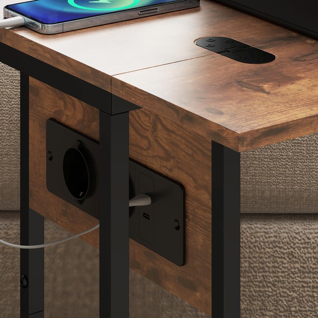 Tavolino Pieghevole, Stazione di Ricarica con Porte USB, Metallo, 39 x 29 x 57 cm, Marrone
