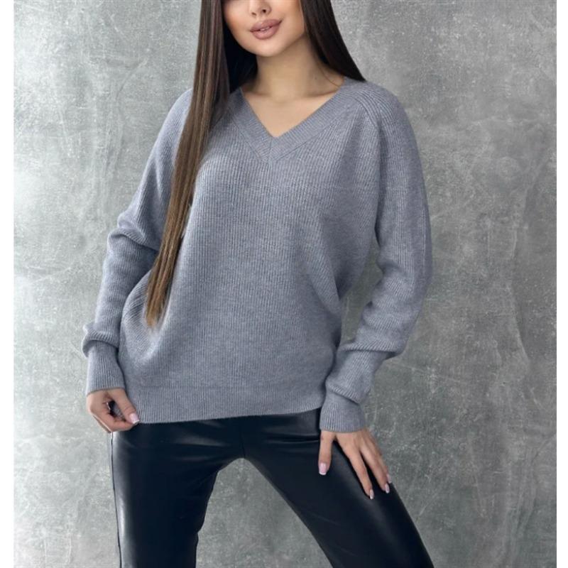 

Knitted top women s V-neck pullover outer wear sweater autumn and winter long sleeves solid color pullover versatile and thin S серый
