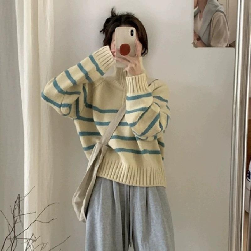 Autumn and winter new striped semi-turtleneck zipper knitted sweater women's casual loose lazy wind pullover sweater