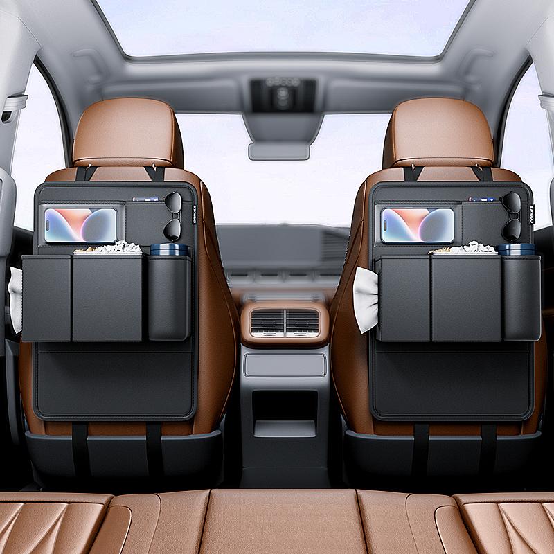 Car Seat Back Organizer Leather Auto Multi Tissue Phone Pocket Storage Bag With Cup Holder Trash Can Bin Storage Box Accessories