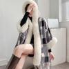 Damen Winter England Karomuster Dickes Samt Warmes Poncho Oberbekleidung Fledermausärmel Gestrickt Kunstkaninchenfell Locker Umhänge Mantel Mit Hut