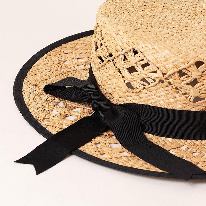 New Elegant Women'S Black Bow Straw Hat Hollow Woven Flat Top Sun Hats For Women Summer Beach Travel Beach Vacation Caps