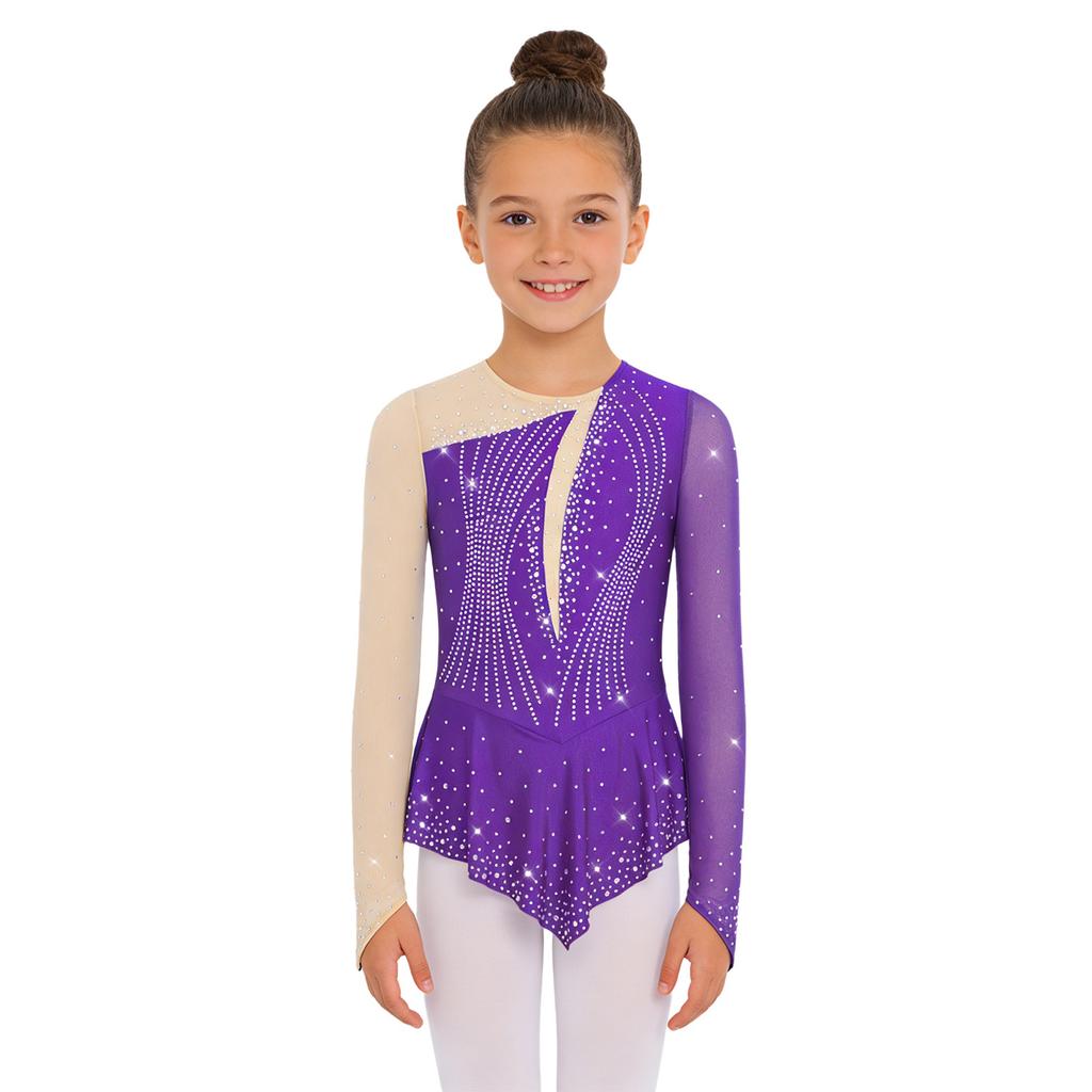 Girls Shiny Rhinestones Mesh Patchwork Dance Dress Asymmetrical Hem Long Sleeve Dancewear