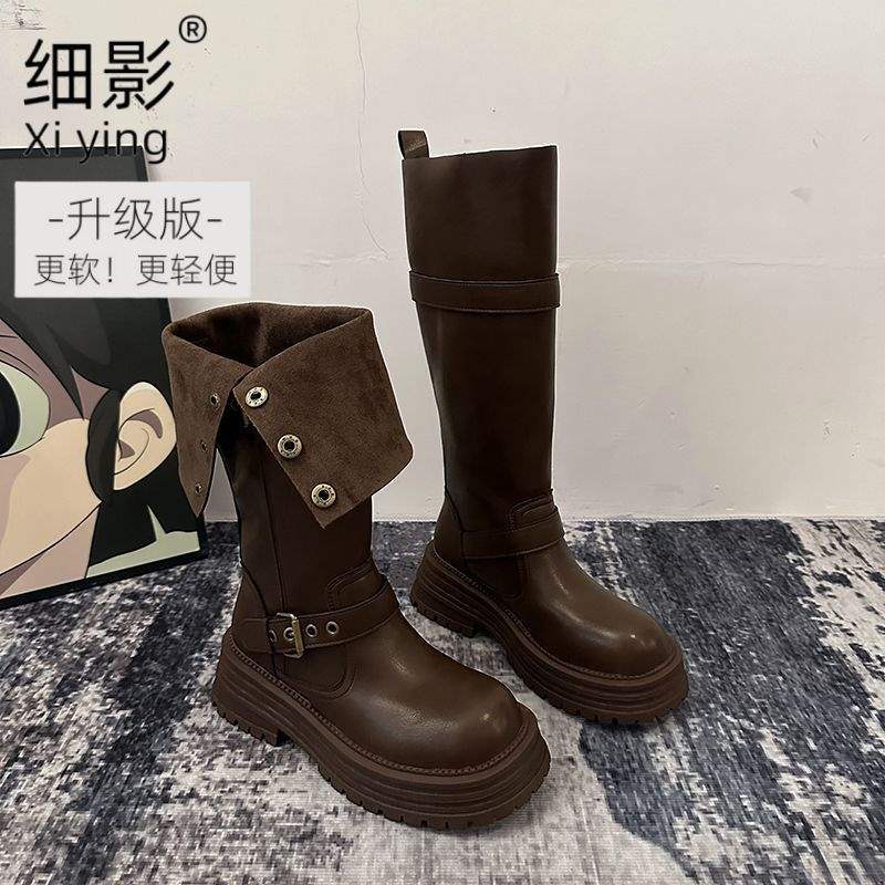 Boots Women's 2025 Autumn and Winter New Two Wear Fold But Knee High Martin Boots British Skinny Motorcycle Boots