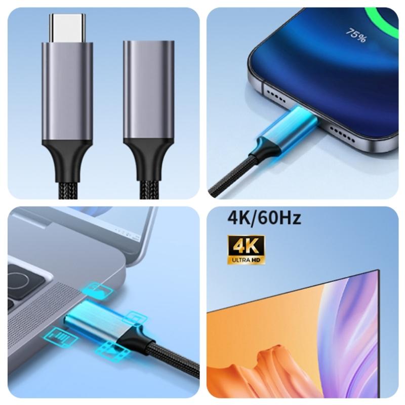 Braided Type C Extension Cable Male to Female Cord 100W Charging 4K Display Enhances Connection and Screen Mirroring