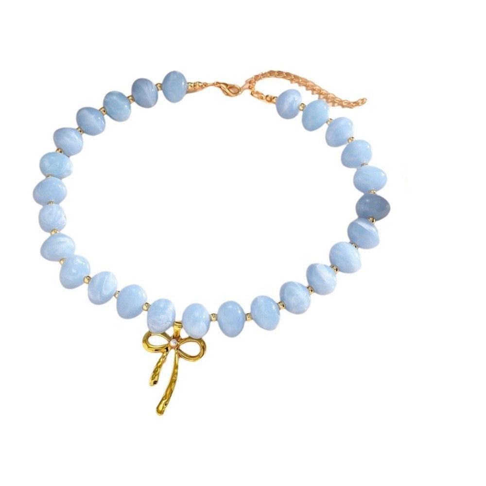 Fashion Resin Beaded Necklace Round Multicolor Bow Pendant Choker Jewelry Boho Women Clavicle Chain Travel
