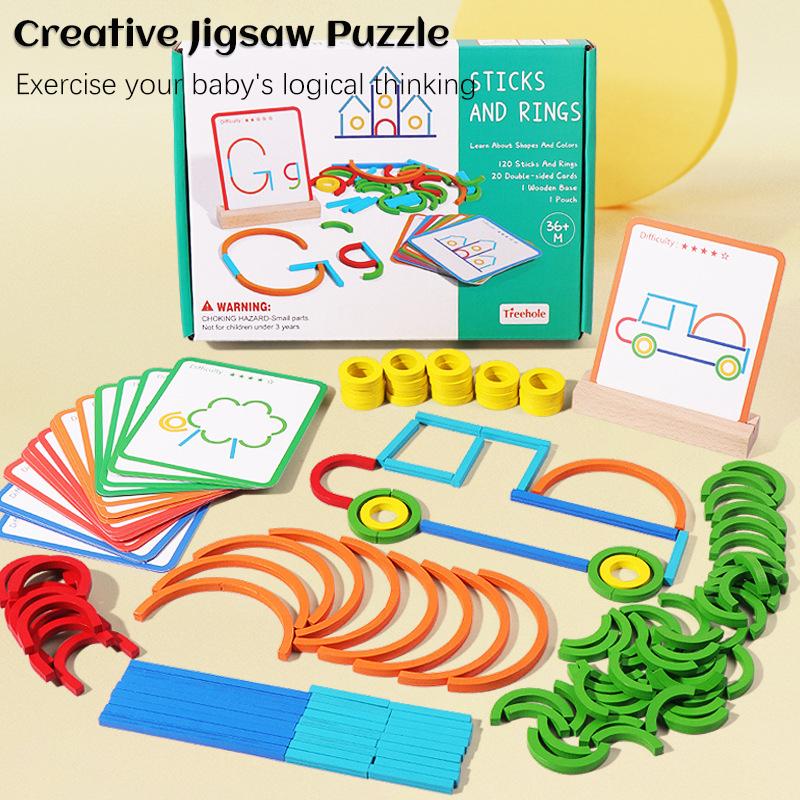 Children Wooden Creative Sticks and Rings Puzzle Intelligence Game Montessori 3D Jigsaw Game Early Educational Toys for Kids