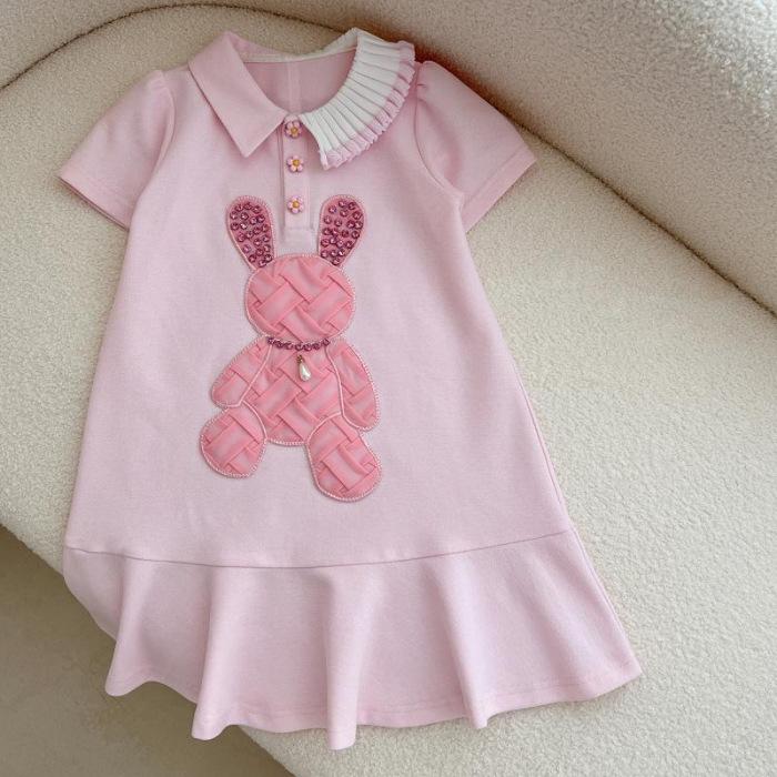 Girls Summer Polo Dress with Cute Rabbit Print Irregular Hem Pink Sweatshirt Dress 110 розовый