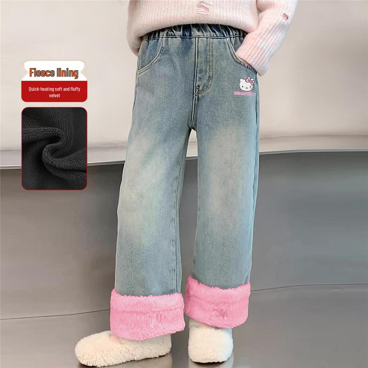 

Hello Kitty Kids Velvet-Lined Jeans for Autumn/Winter 2025 - Cozy & Warm Casual Pants 140