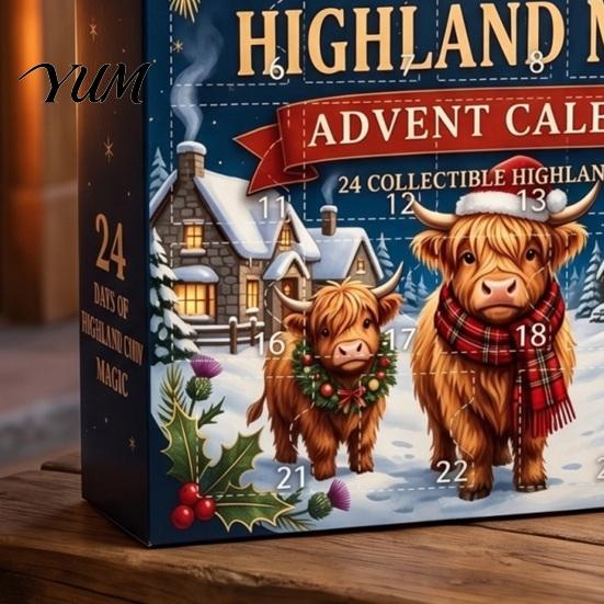 Christmas Advent Calendar 24 Days of 3D Highland Cow Calendar, Cute Farm Day Countdown Box Cattle with Mini Figurines Collectibles for Holiday