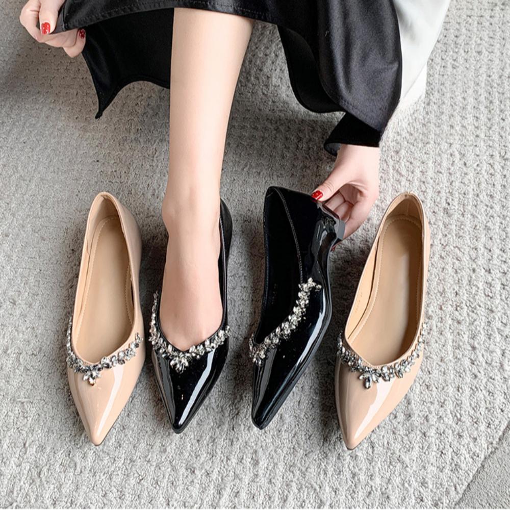 Rhinestone Ladies Pointed Toe Flat Soft Sole French Style Heightened Shallow Mouth Elegant Single Shoes