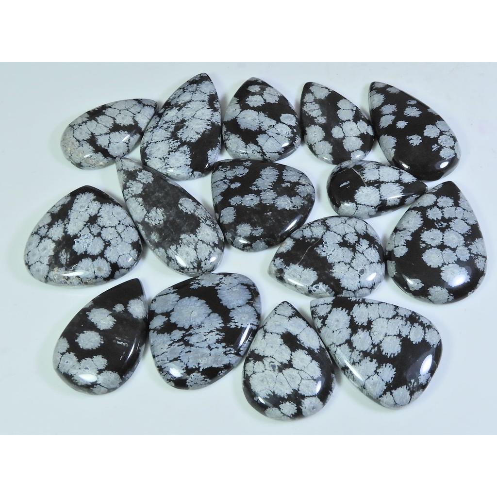 15Pcs Natural Snowflake Obsidian Pear Cabochon Loose Gemstone Lot 318Cts. A-748