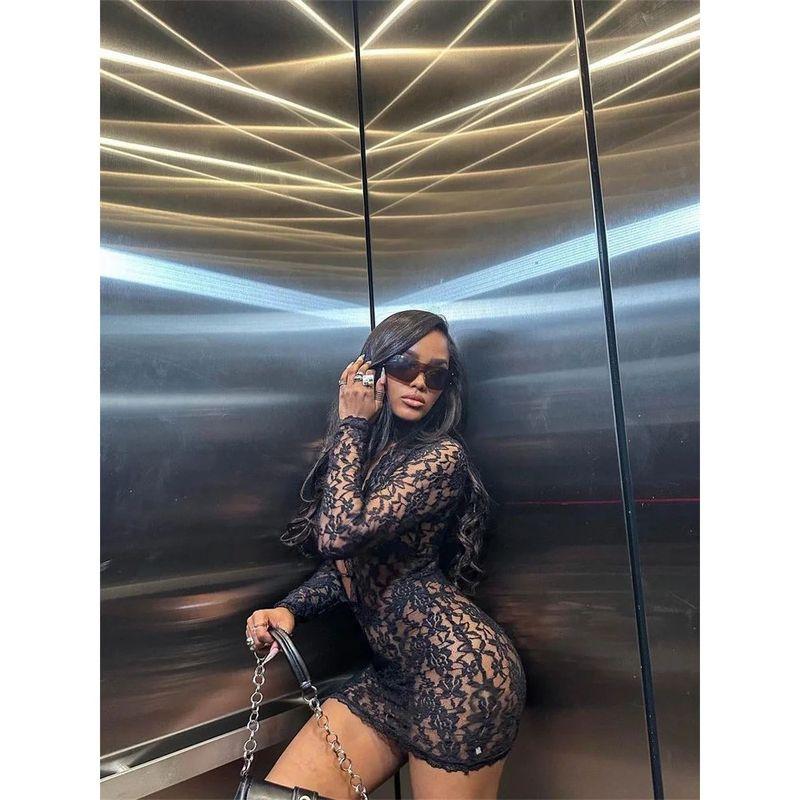 

Solid Color Lace Hollow Low Neck Dress Pure Color Lace Cut Out Low Collar Dress black L