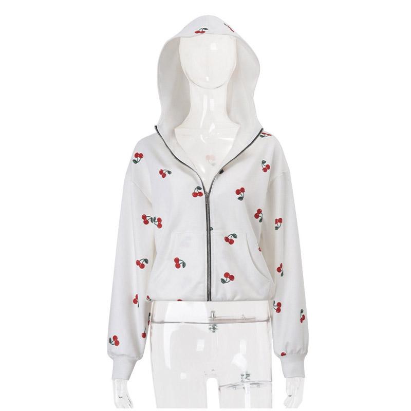 Women's Fashion Cherry Print White Hoodie Sweatshirt 2026 Spring Women's Long Sleeve Loose Streetwear Zip Up Hooded SweatShirt