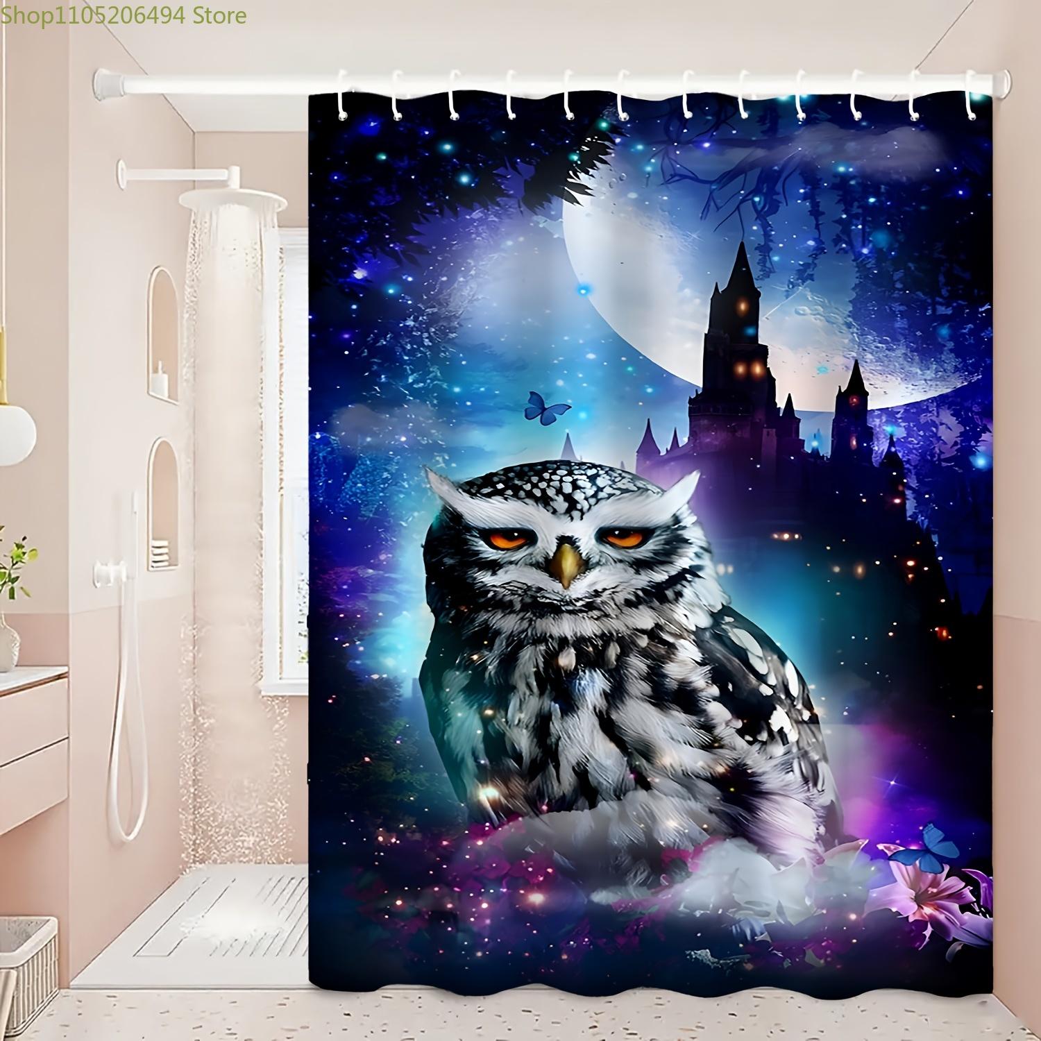 Warner 1pc Cute Printed Bathroom Shower Curtain with Owl and Castle Pattern, Creative, Suitable for Home Bathroom/Home Decor, 90x180cm