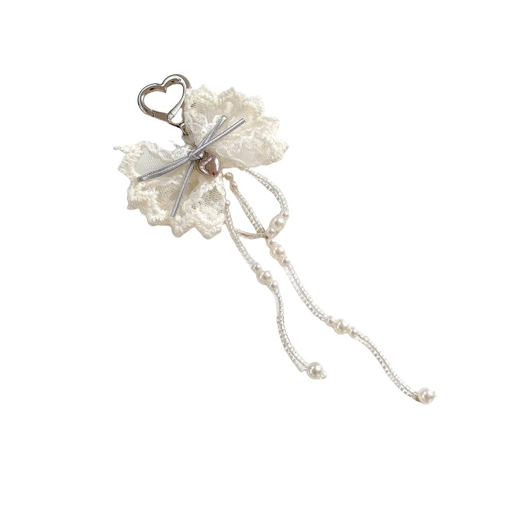 Elegant Pearls Lace Heart Keychain With Bowknot Charm And Tassels For Women Fashion Key HolderJewelry Gift