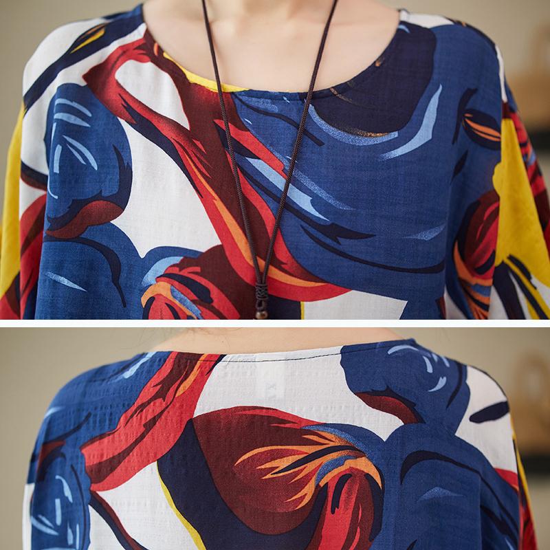 Simple Literary Rustic Style Small Fresh Summer New Loose Thin Abstract Print Short-sleeved Dress Female
