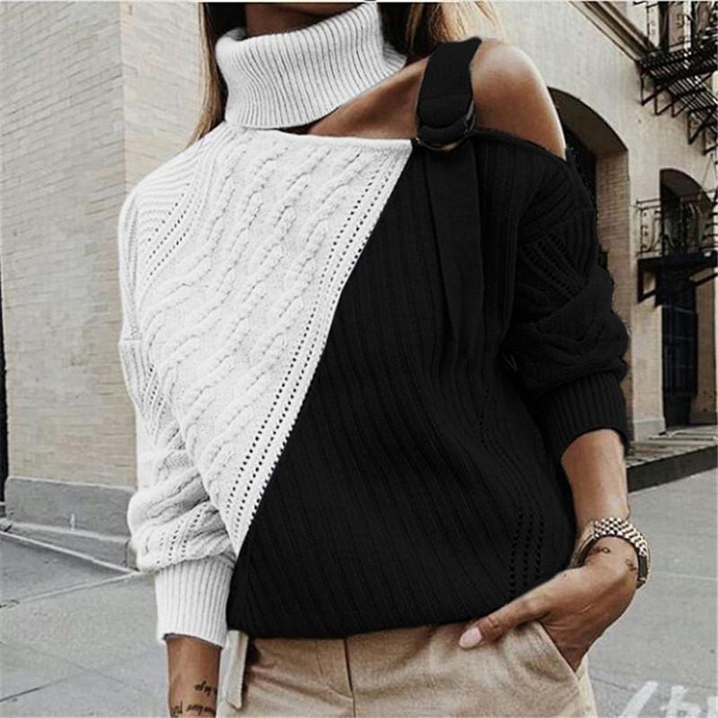 Women's  And Winter Loose Two-color Contrast Stitching Long-sleeved Stand Collar One Side Strapless Knit Sweater Top