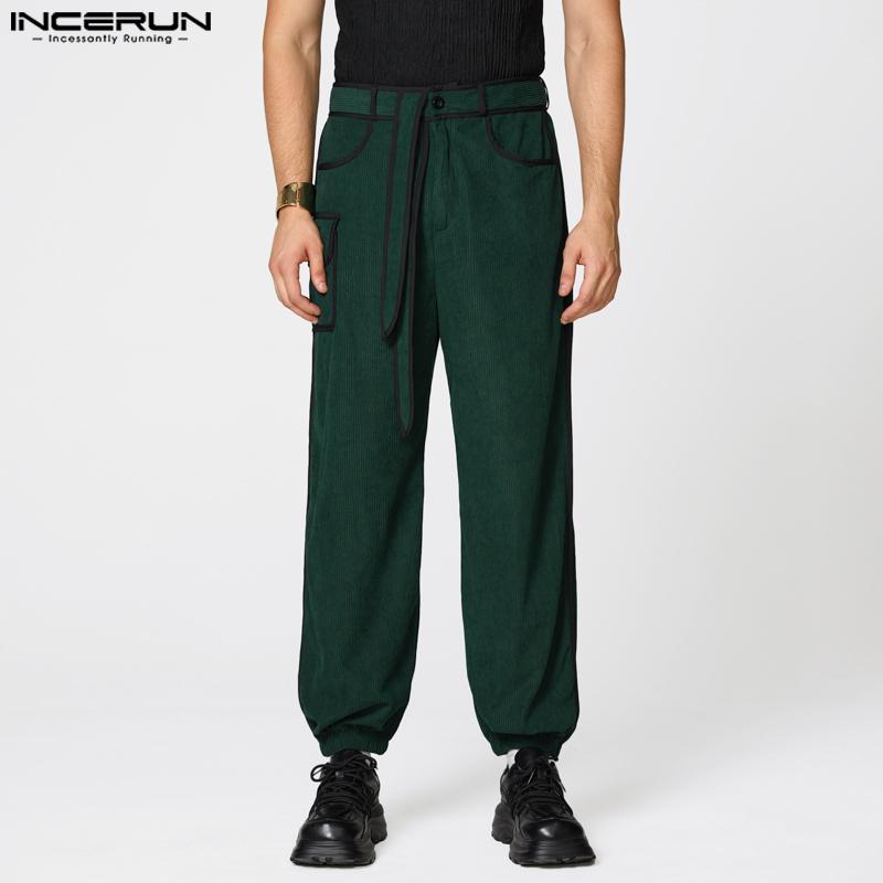 INCERUN Autumn Men Casual Zip-up Waist Stitching Lace-up Corduroy Long Harem Pants Trousers 