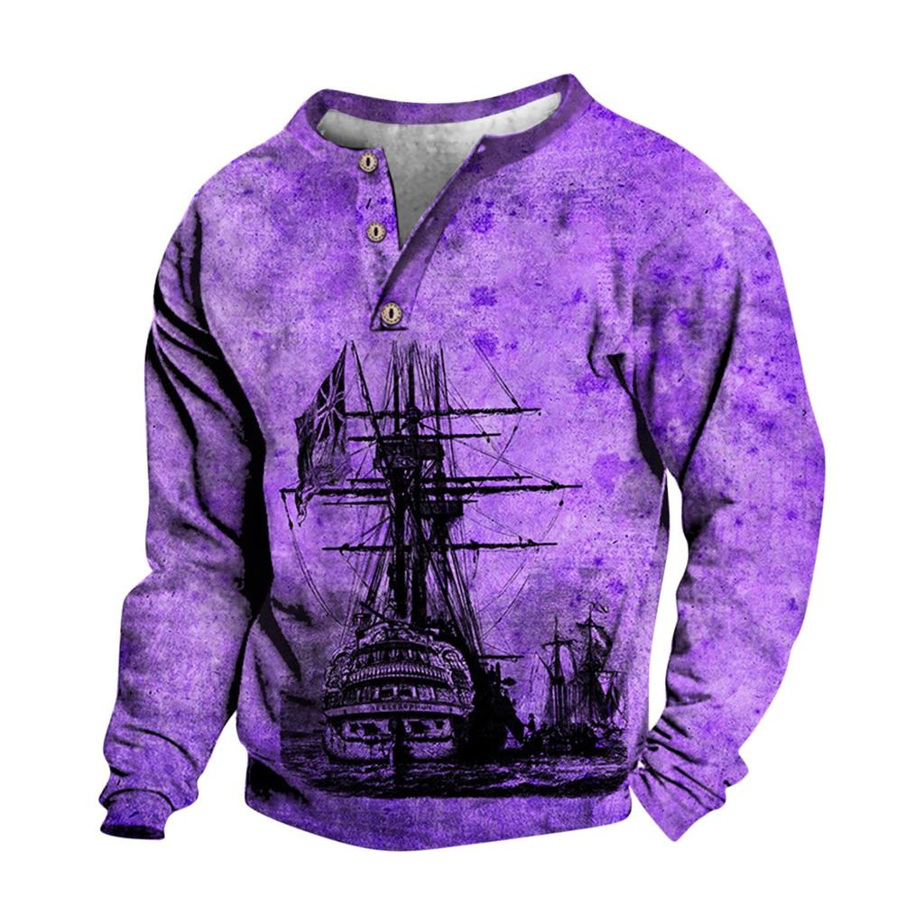 Pullover mit V-Ausschnitt für Herren, 3D-Digitaldruck, Stehkragen, 3 Knöpfe, Vintage-Kragen