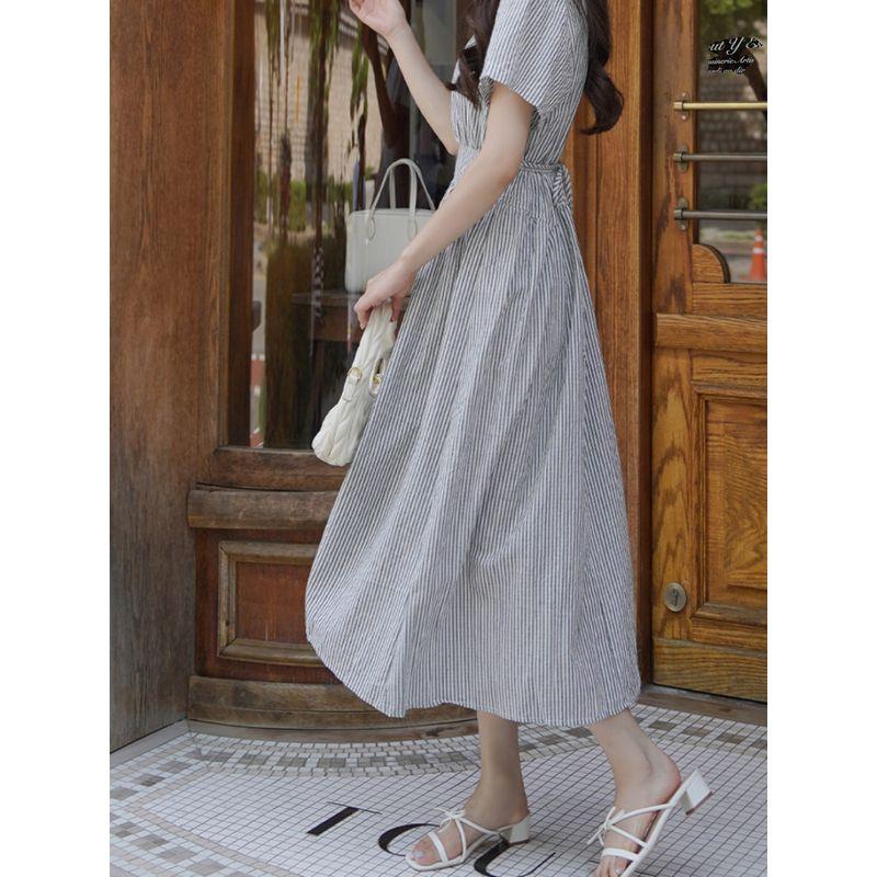 Plus Size Women's Clothing Fat Sister K-style Summer round Neck Stripes Waist-Controlled Lace-up Mid Length Long Length Short Sleeve Dress L-4XL