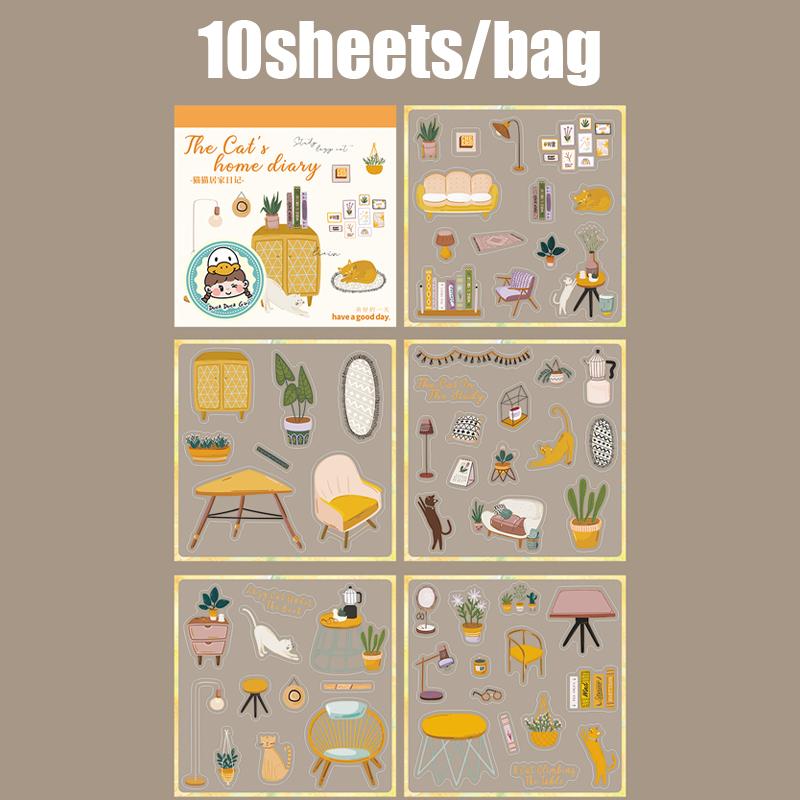 1 bag Cat Home Diary Series Home Landscaping Sticker Book Crapbooking Stickers Gifts for Students Office Supplies Stationery
