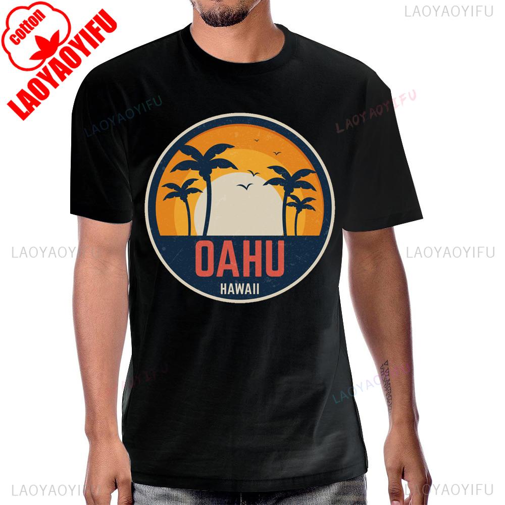 Coconut Tree Beach Sunset OAHU HAWAII Vintage Tshirt Summer Style Short Sleeve Man Tshirt Harajuku Breathe Comfort Cotton Tees
