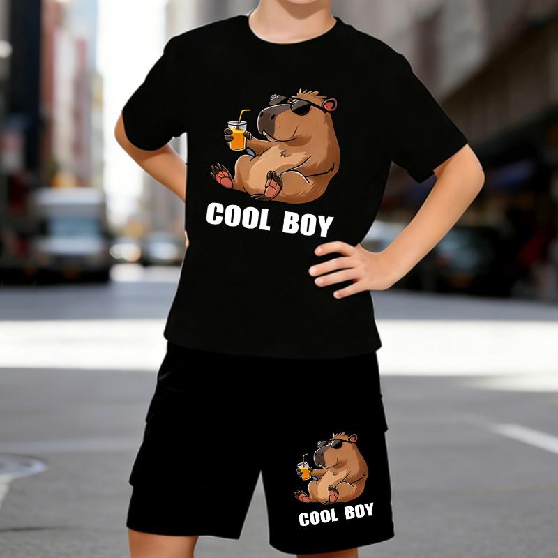 

Boys 2 Piece Cute Capybara Print Outfit, Short Sleeve T-Shirt and Shorts Set for Kids Age 5-14,Black and White Sporty Casual Summer Clothes 5-6 Years чёрный