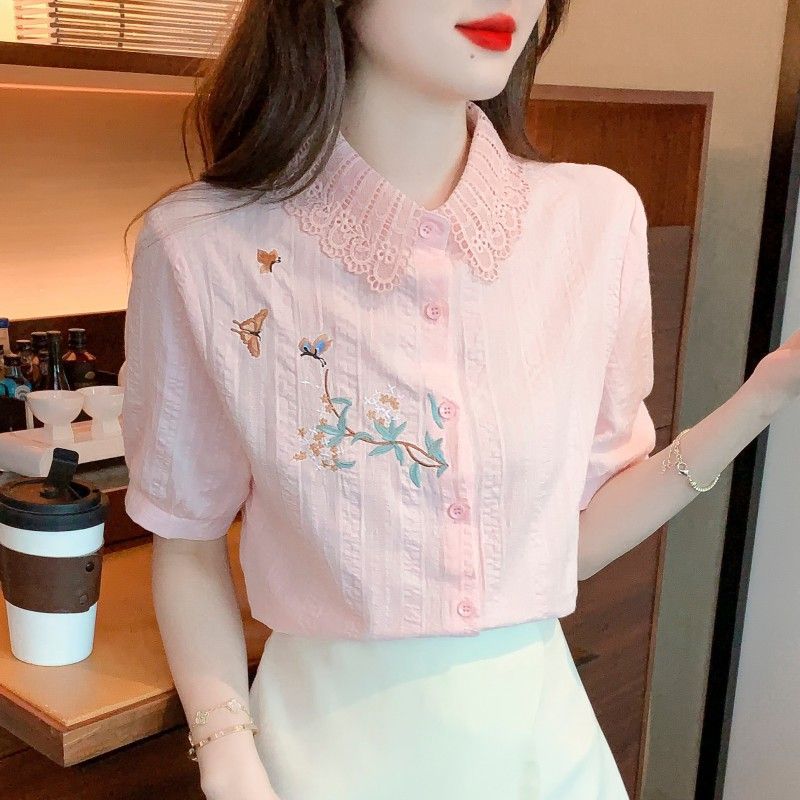 Stickerei Damen Frühling Herbst Blusen Hemden Dame Lässig Langarm Umlegekragen Einfarbig Blusas