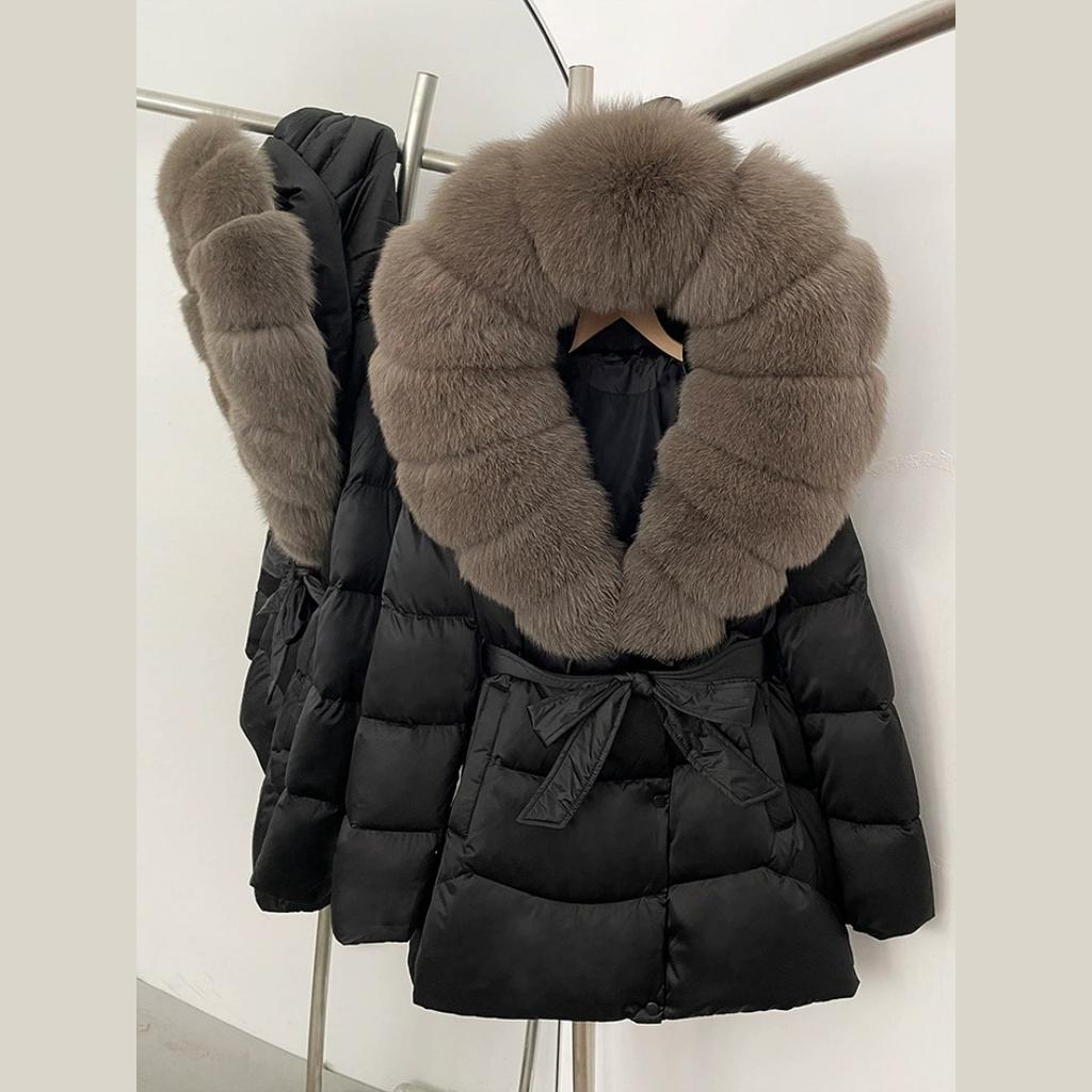 Winter Fox Big Fur Collar High-end Thickened Down Jacket Women's Mid-length Waist Imitation Leather Jacket